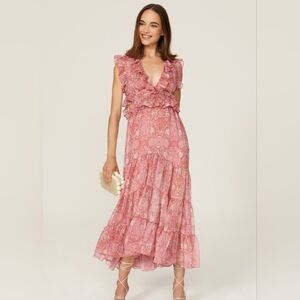 Misa Los Angeles Natasha Floral Cut Out Midi Sleeveless Dress Pink Reddish Sz S